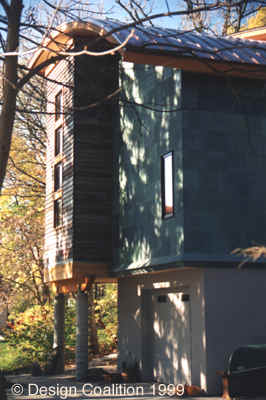 autumn leaves and green copper siding